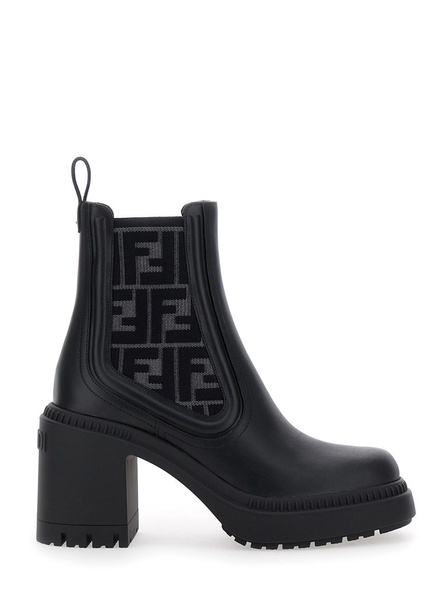 'Domino' Black Biker Ankle Boots with FF Motif in Leather Woman