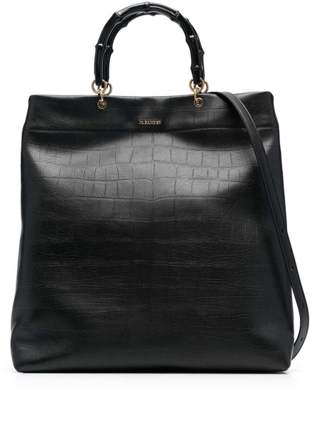 Black Croco Embossed Tote Bag with Bamboo Handles in Leather Woman