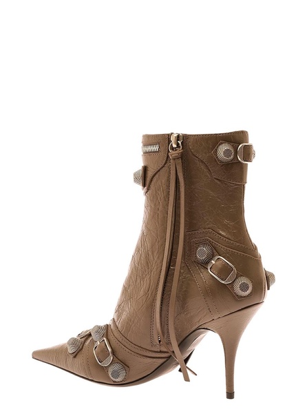 'Cagole' Brown Pointed Bootie with Studs and Buckles in Leather Woman