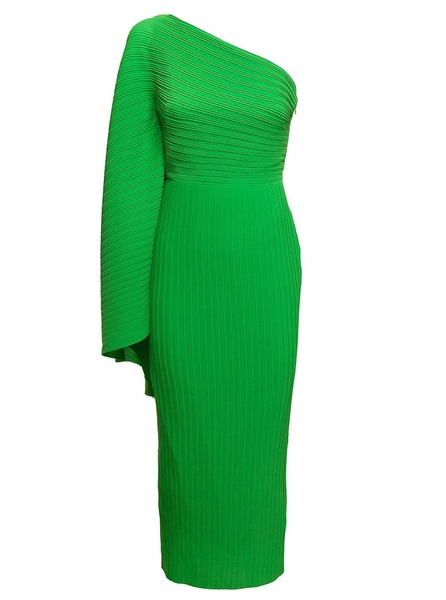 'Lenna' Midi Green One-Shoulder Dress in Pleated Fabric Woman