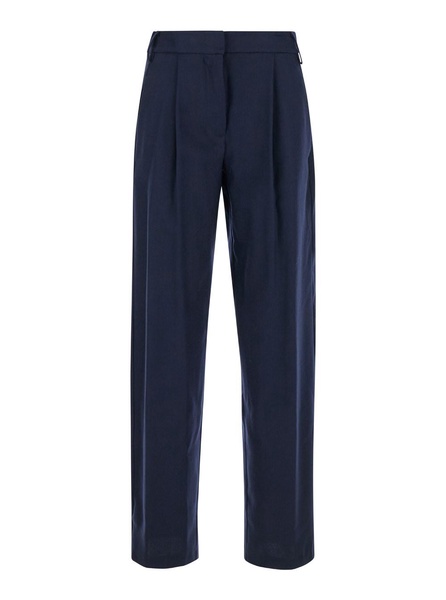 Blue Pants with High Waist and Pences on the Front in Wool Stretch Woman