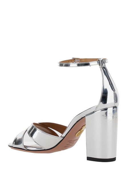 'Divine' Silver Sandals with Block Heel in Laminated Leather Woman