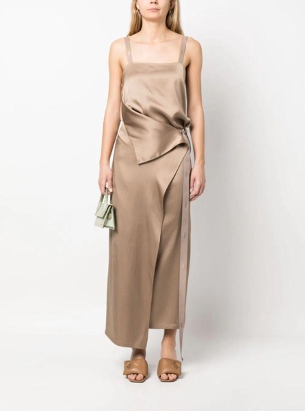 Long Beige Wrap Dress with Branded Ribbon in Silk Woman