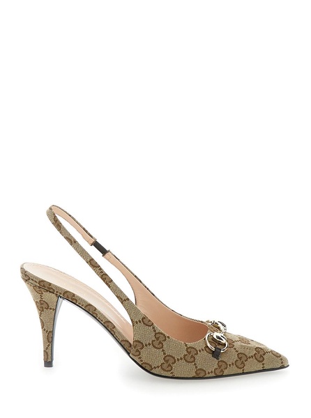 Beige and Ebony Slingback Pumps with Horsebit Detail in Original GG Canvas Woman