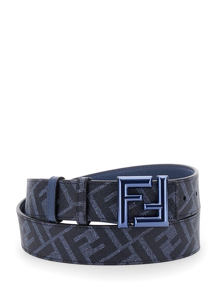 Blue Reversible Belt with FF Rounded Buckle in Leather and Canvas Woman