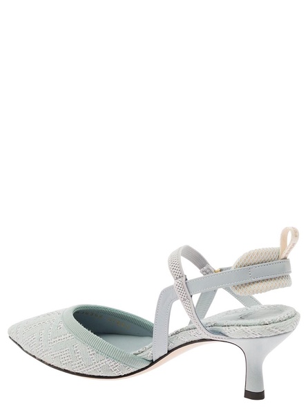 'Colibrì Lite' Light Blue Slingacks with Jacquard FF Motif in Cotton and Leather Woman