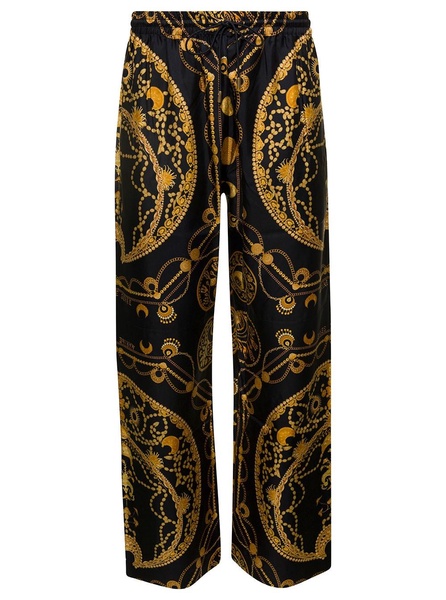 Black Loose Pants with All-Over Graphic Print in Silk Man