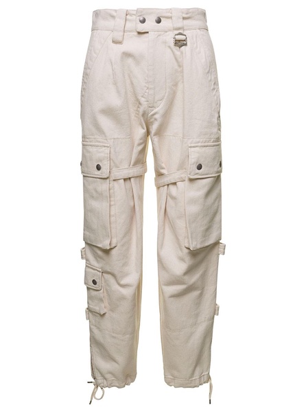 Beige Cargo Pants With Pockets And Buckles In Cotton Woman