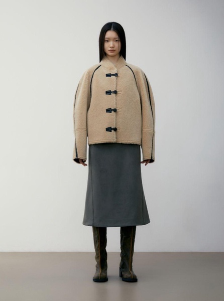 Beige Cropped Reversible Coat in Ecofur Woman