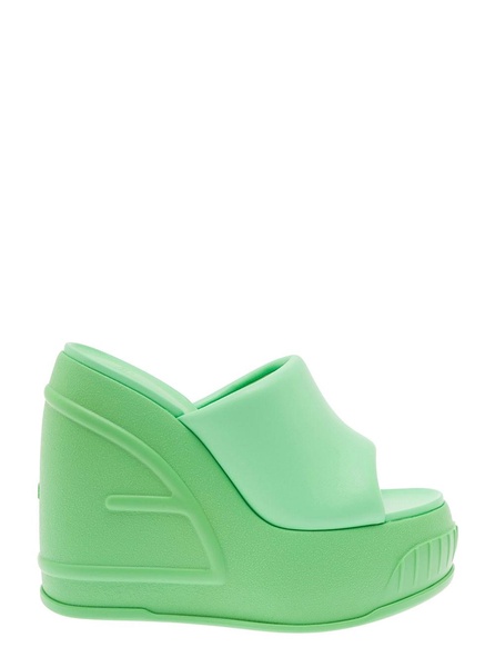 Green Platform Slides with Embossed Oversized FF Pattern in Leather Woman