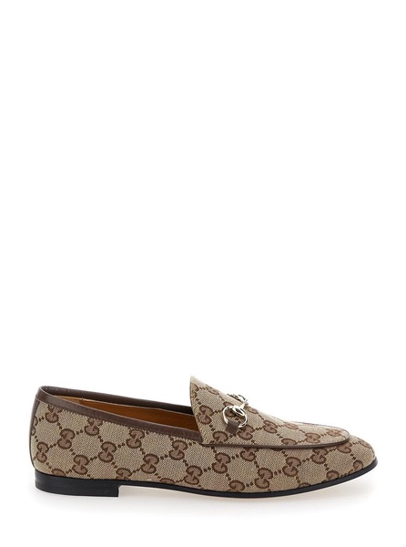 'Gucci Jordan' Beige and Ebony Loafers with Horsebit Detail in Original GG Fabric Woman