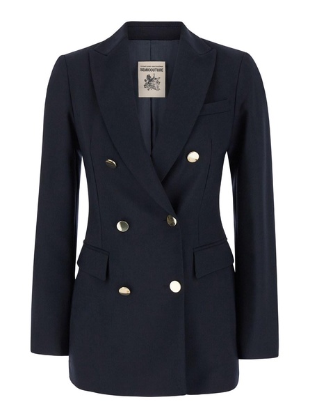 Blue Double-Breasted Jacket with Golden Buttons in Wool Blend Woman