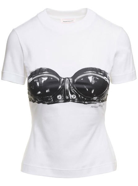 White Fitted T-Shirt with Bustier Print in Cotton Woman