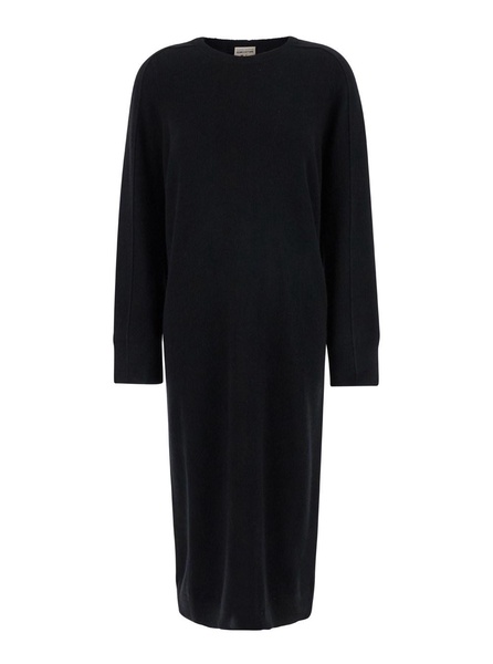 Black Crewneck Midi Dress in Wool and Cashmere Blend Woman