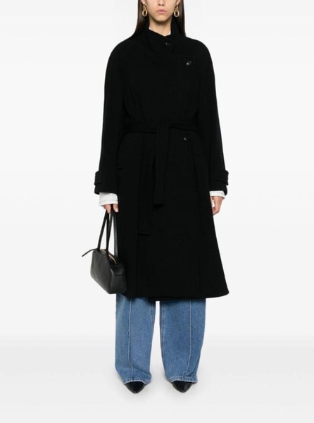 Black Double-Breasted Coat with Removable Belt and Wraparound Design in Wool Blend Woman