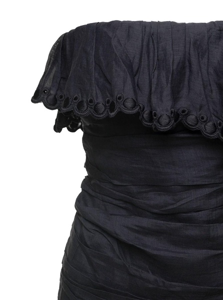 Black Off-Shoulder Minidress With Ruches Detail In Ramie Woman