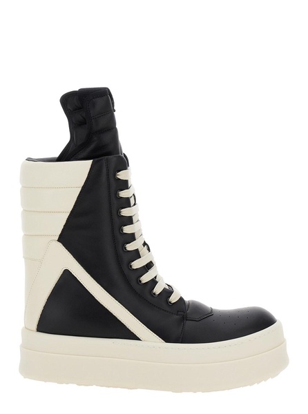 'mega Geo-basket' White And Black High-top Sneakers With Contrasting Details In Leather Man