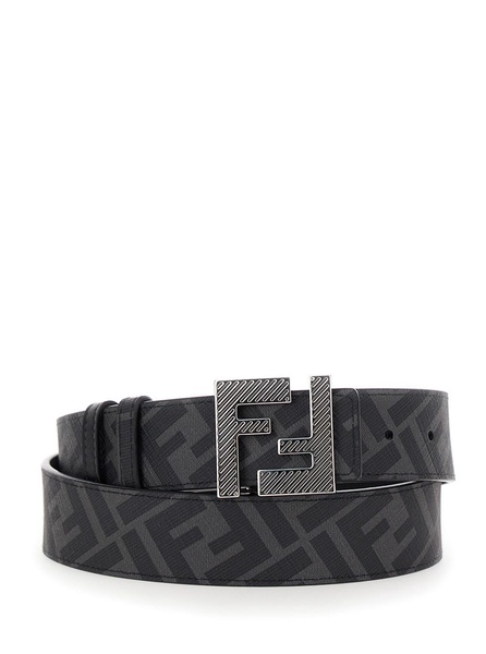 Black Reversible Belt with FF Squared Buckle in Leather and FF Canvas Man