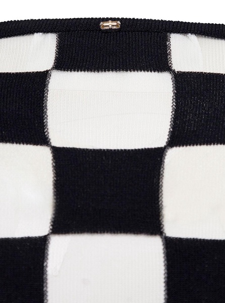 Black Top with Extra Long Sleeves and Checkerboard Effect in Trasparent Yarn Intersias Woman