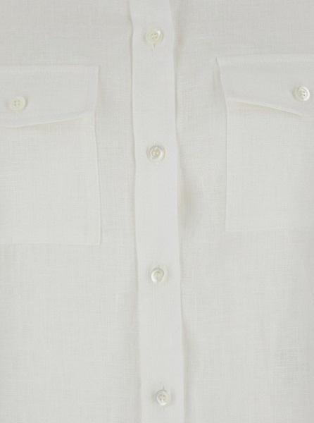 White Shirt with Pointed Collar and Patch Pockets on the Chest in Linen Woman