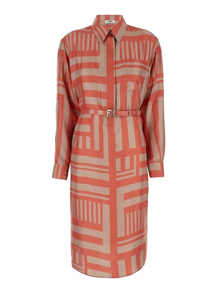 Salmon Pink Chemisier Dress with Labyrinth Fendi Motif in Silk Twill Woman