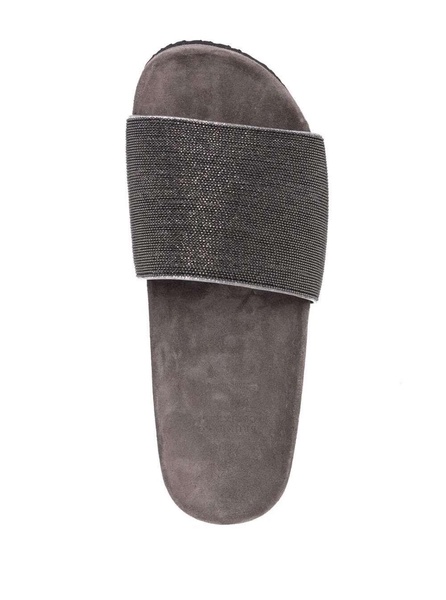 Grey Suede Slide Sandals With Monile Detail Brunello Cucinelli Woman