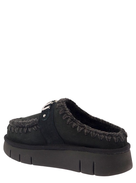 'Bounce' Black Mules with Logo Lettering and Open Rear in Suede Woman