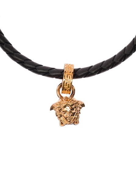 Gold-tone Medusa Pendant Bracelet in Black Leather Woman