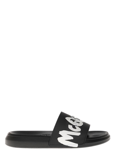 Alexander Mcqueen Man's Black Rubber Slide Sandals with Logo