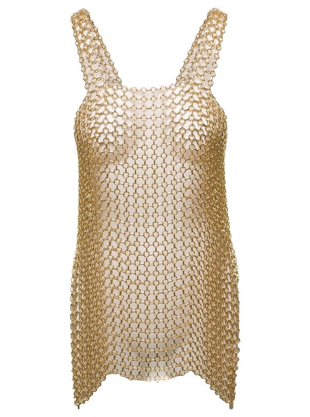 Gold-Tone Mini Dress with Shoulders Straps and Side Splits in Metal Mesh Woman