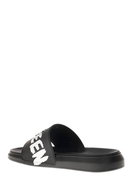 Alexander Mcqueen Man's Black Rubber Slide Sandals with Logo