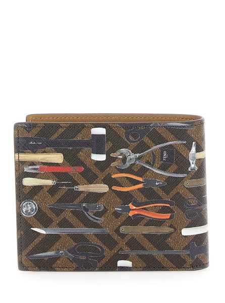 'Tools' Brown BiFold Wallet with Logo Print in Leather Man