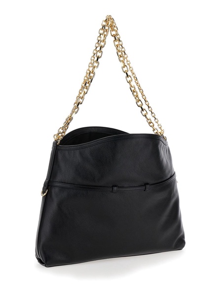 'Voyou Chain Medium' Black Shoulder Bag with Logo Detail in Hammered Leather Woman