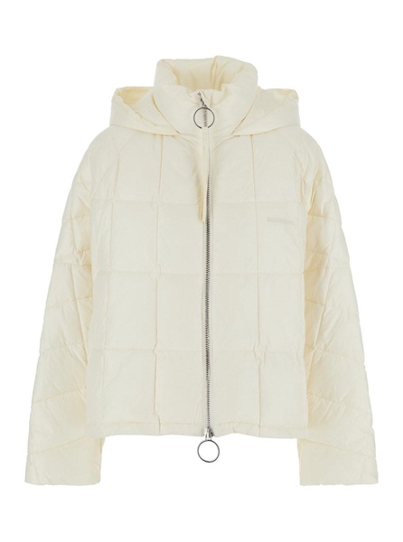 White Down Jacket with Hood and Logo Lettering on the Front in Tech Fabric Woman