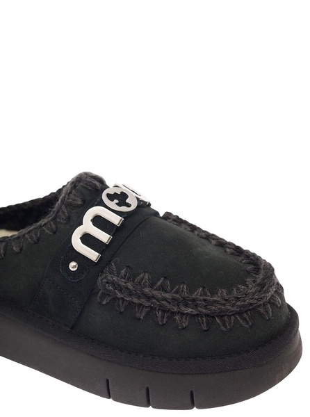 'Bounce' Black Mules with Logo Lettering and Open Rear in Suede Woman