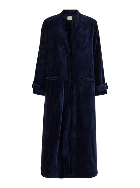 Blue Long Single-Breasted Coat With Shawl Collar In Courduroy Woman