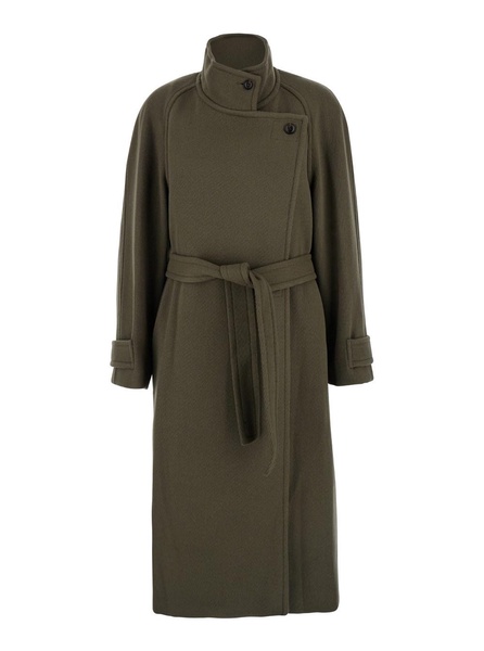 Green Double-Breasted Coat with Removable Belt and Wraparound Design in Wool Blend Woman