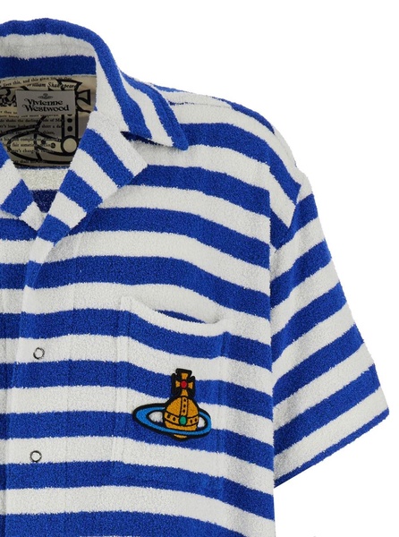 Blue And White Striped Bowling Shirt With Orb Embroidery In Cotton Blend Man