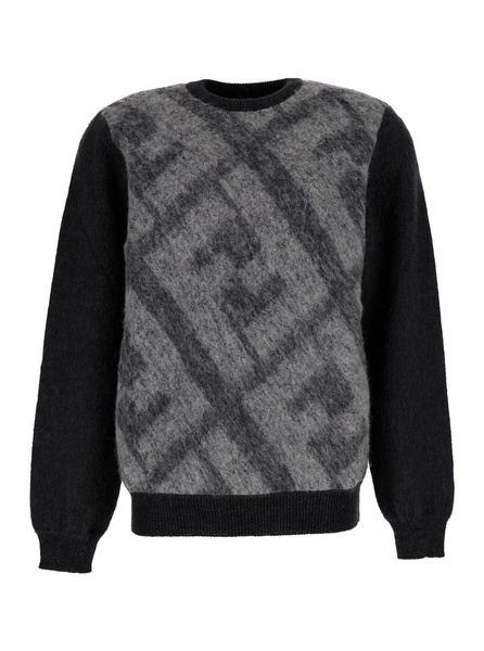 Grey Sweater with Jacquard FF Motif in Wool Man