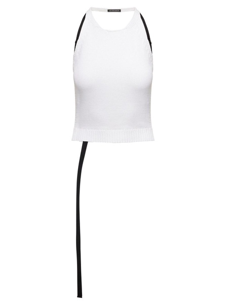 'Puro' White Knitted Crop Top with Open back and Ribbon Detail in Cotton Woman Ann Demeulemeester