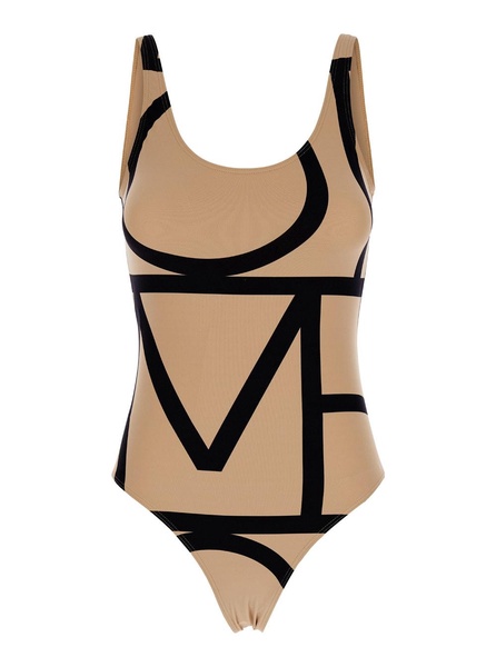 Beige Swimsuit With Black Details In Techno Fabric Woman