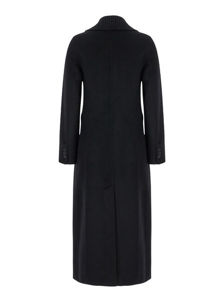 Long Black Double-breasted Coat With Ribbed Revers In Wool Woman