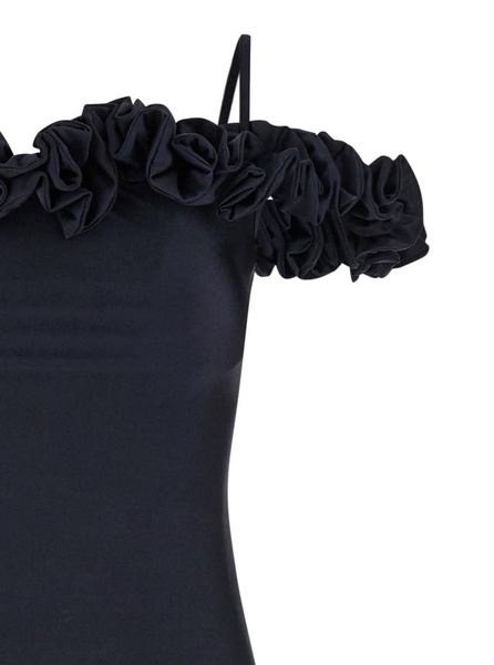 Long Black Dress With Ruffles In Stretch Fabric Woman