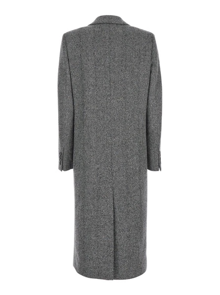 Grey Long Double-breasted Coat With Chevron Motif In Wool Blend Woman