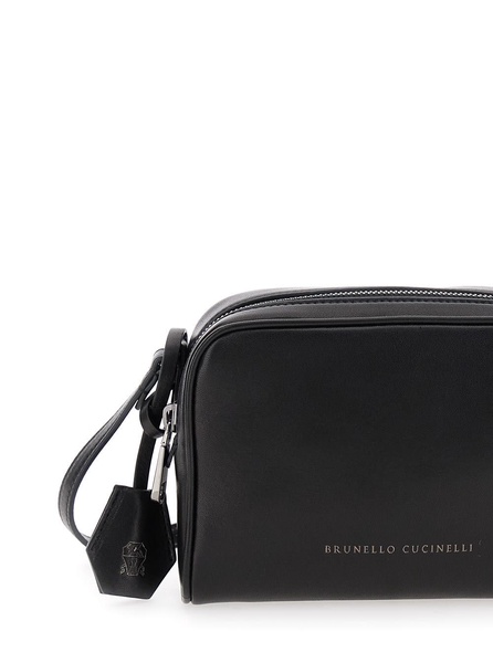 Black Crossbody Bag with Logo Lettering in Leather Woman