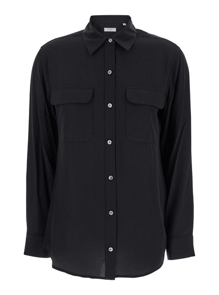 'signature' Black Shirt With Patch Pockets In Silk Woman