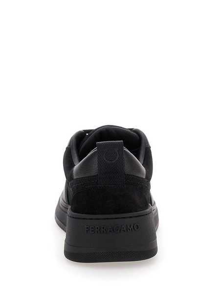 Black Low Top Sneakers With Intarsia And Tonal Plaque In Fabric And Leather Man