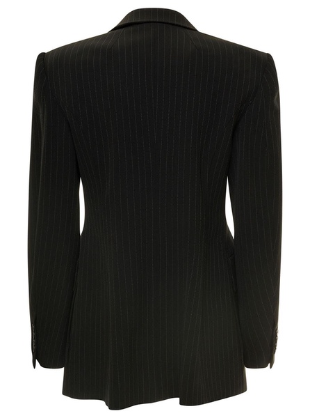 'Hourglass' Black Pinstripe Single-Breasted Jacket in Stretch Wool Woman