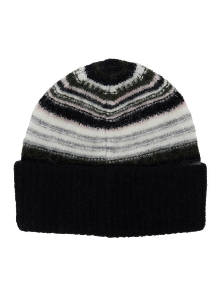 Black Beanie with Logo Lettering and Striped Motif in Wool Blend Stretch Woman