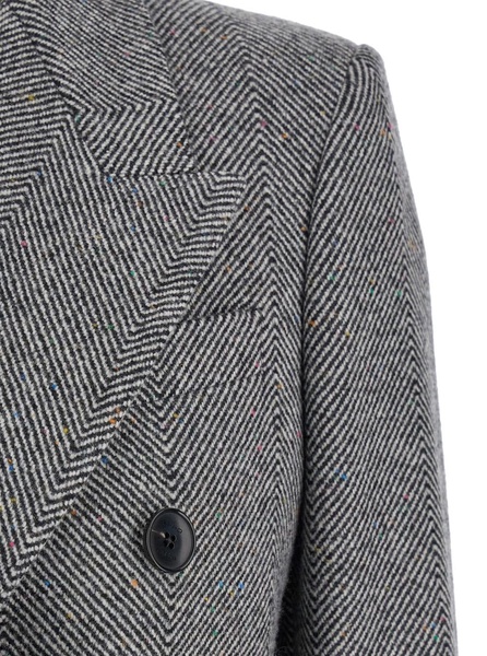 Grey Long Double-breasted Coat With Chevron Motif In Wool Blend Woman